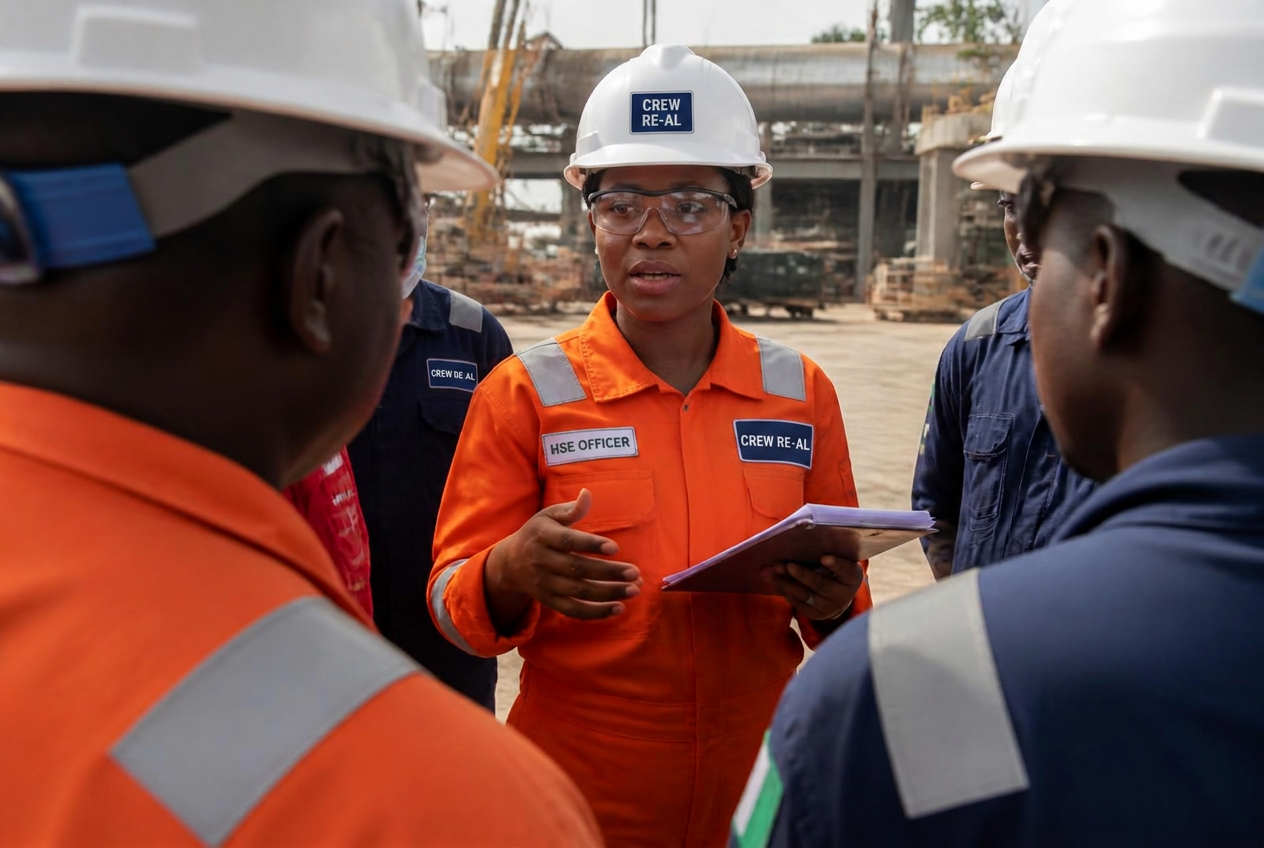 HSE officer conducting a safety briefing on a Nigerian industrial site